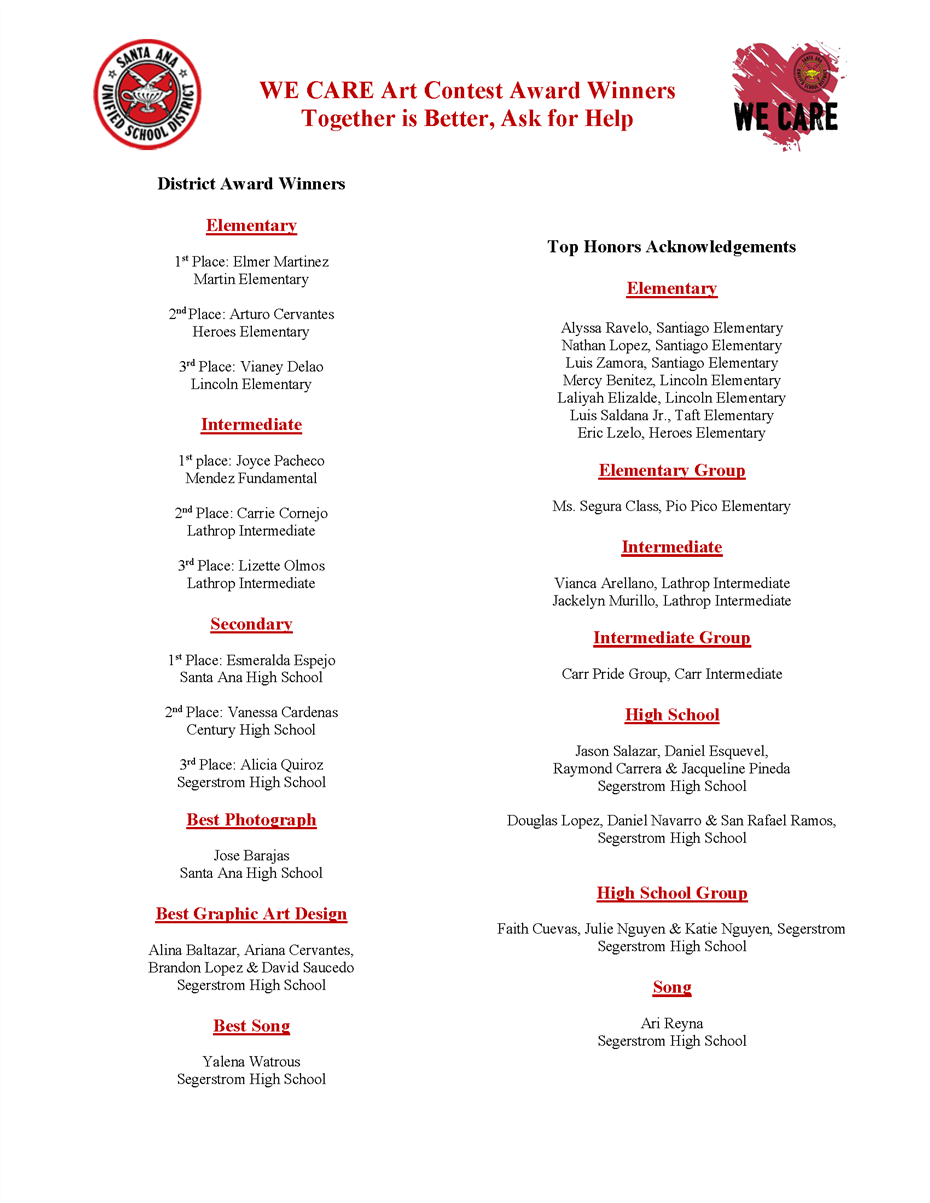 We Care Art Contest Award Winners 